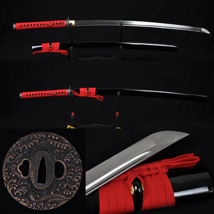 41" Japanese Samurai Katana Sword Wave Tsuba Folded Steel Blade Red&Black - Handmade Swords Expert