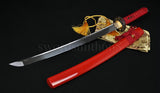 Hand Forged Japanese Samurai Wakizashil Sword Full Tang Blade Red Saya - Handmade Swords Expert