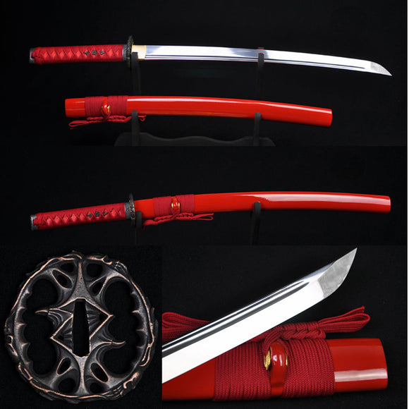 Hand Forged Japanese Samurai Wakizashil Sword Full Tang Blade Red Saya - Handmade Swords Expert